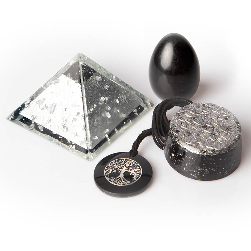 Shungite orgonite bundle featuring shungite silver pyramid, shungite silver orgonite buster, shungite silver orgone pendant and our shungite orgonite egg